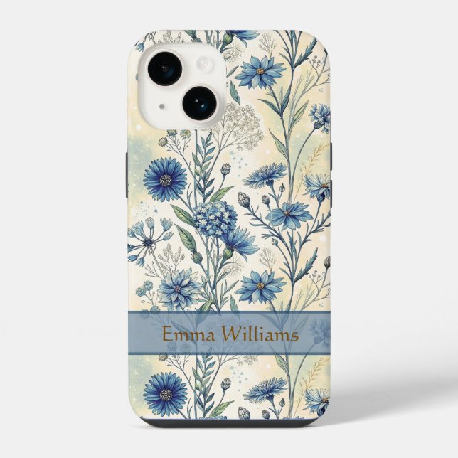 Personalized Name Blue Wildflowers iPhone Hülle (Rückseite)