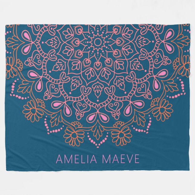 Personalized Name Boho Mandala Floral Blue Pink  Fleecedecke (Vorderseite (Horizontal))