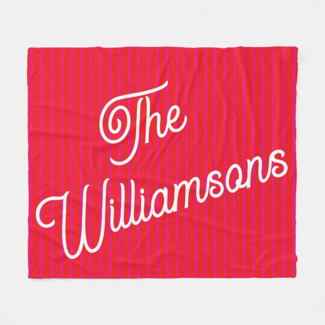 Personalized Name Bright Pink Red Stripe Christmas Fleecedecke (Vorderseite (Horizontal))