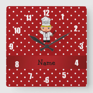 Personalized name chef red white polka dots quadratische wanduhr