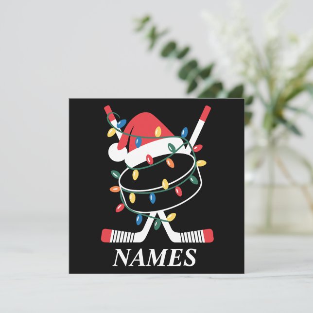 Personalized Name Christmas Hockey Xmas Santa Hat Einladung (Stehend Vorderseite)