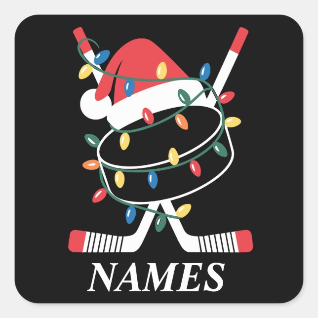 Personalized Name Christmas Hockey Xmas Santa Hat Quadratischer Aufkleber (Vorderseite)