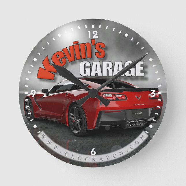 Personalized Name Corvette Garage Clock Runde Wanduhr (Vorderseite)