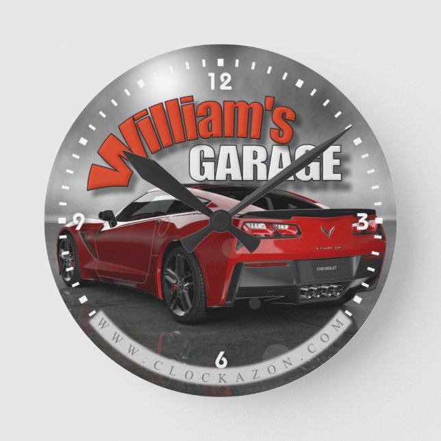 Personalized Name Corvette Garage Clock Runde Wanduhr (Vorderseite)