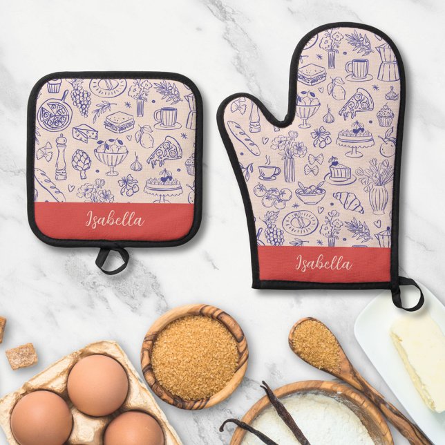 Personalized Name Cute Hand Drawn Food Ofenhandschuh & Topflappen-Set (In situ)