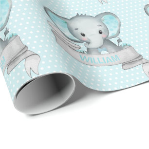 Personalized Name Elephant Baby Boy Blue & Gray Geschenkpapier