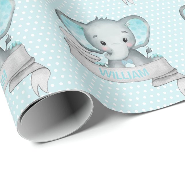 Personalized Name Elephant Baby Boy Blue & Gray Geschenkpapier (Rolleneckpunkt)