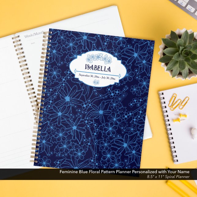 Personalized Name Feminine Blue Floral Pattern Planer (Feminine Navy Blue Floral Pattern Planner–Personalized with Your Name )