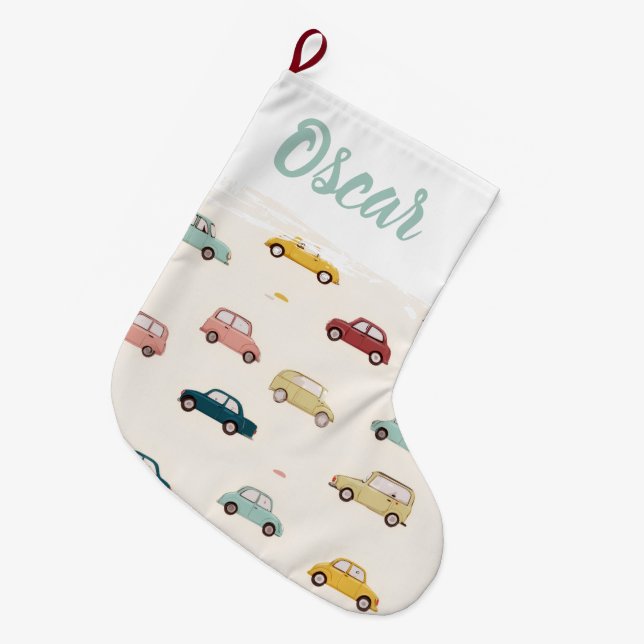 Personalized Name Festive Cars Christmas Stocking Großer Weihnachtsstrumpf (Vorderansicht (hängend))
