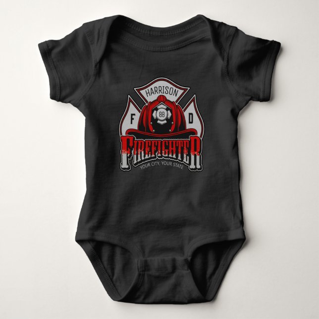Personalized NAME Firefighter Helmet Fire Rescue Baby Strampler (Vorderseite)