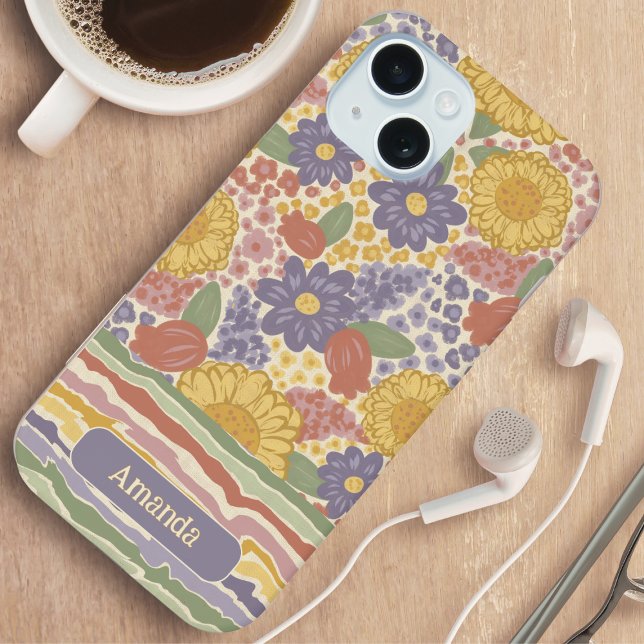 Personalized Name Floral Stripe Phone Case iPhone 15 Hülle (Personalized Floral Stripe Phone Case - Gift for Her)