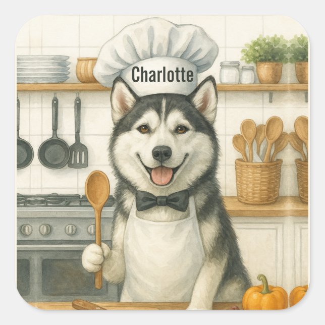 Personalized Name Funny Siberian Husky Dog Chef Quadratischer Aufkleber (Vorderseite)