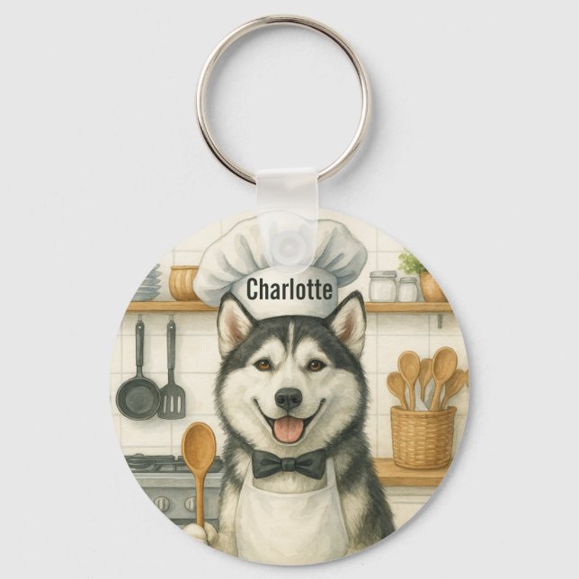 Personalized Name Funny Siberian Husky Dog Chef Schlüsselanhänger (Vorderseite)