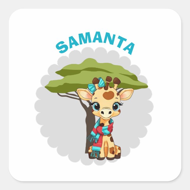  Personalized "Name" Giraffe in the Savanna Waterp Quadratischer Aufkleber (Vorderseite)