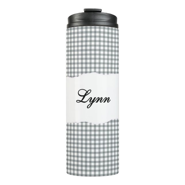 Personalized Name Gray Gingham Pattern Thermosbecher (Vorderseite)
