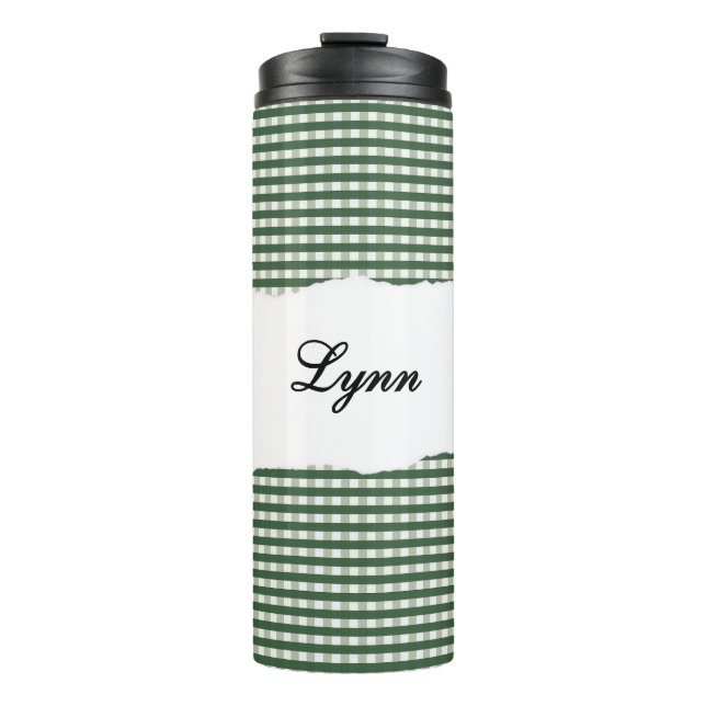 Personalized Name Green Gingham Pattern Thermosbecher (Vorderseite)