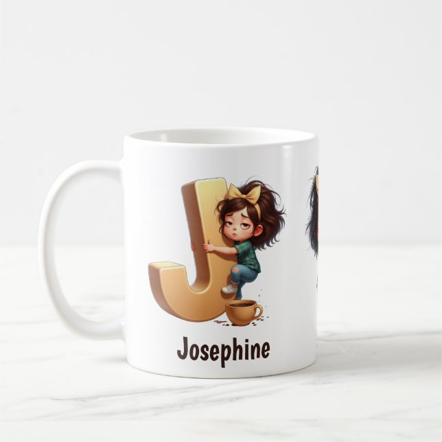Personalized Name & J Sleepy Morning Plaid Charact Kaffeetasse (Links)