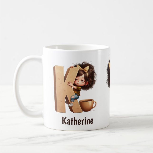 Personalized Name & K Sleepy Morning Plaid Charact Kaffeetasse (Links)