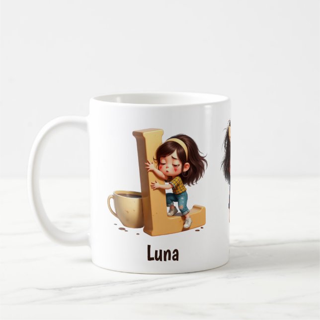 Personalized Name & L Sleepy Morning Plaid Charact Kaffeetasse (Links)