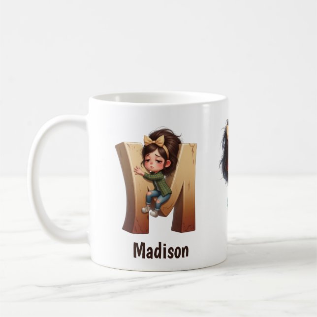 Personalized Name & M Sleepy Morning Plaid Charact Kaffeetasse (Links)