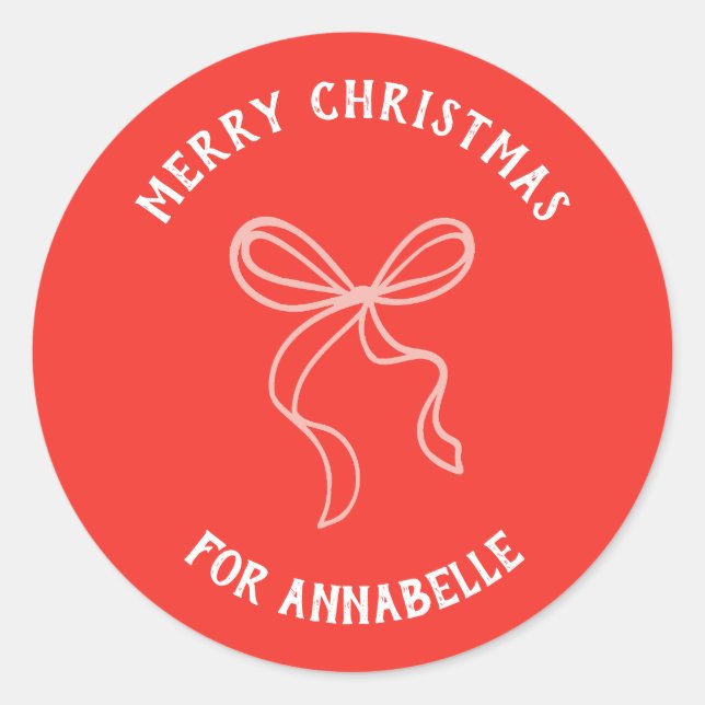 Personalized Name Merry Christmas Bow Runder Aufkleber (Vorderseite)