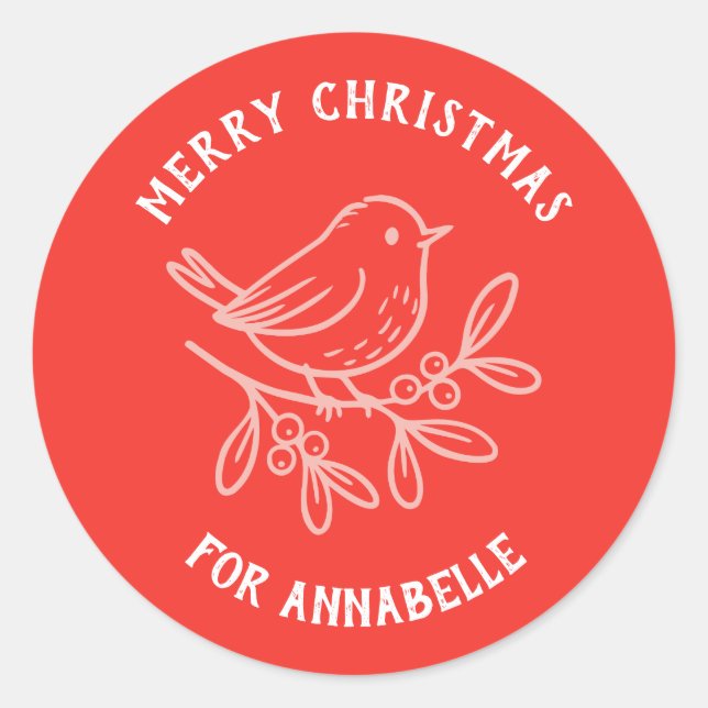 Personalized Name Merry Christmas Robin Runder Aufkleber (Vorderseite)