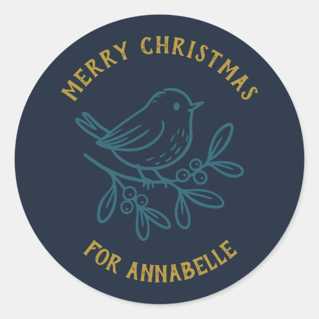 Personalized Name Merry Christmas Robin Runder Aufkleber (Vorderseite)