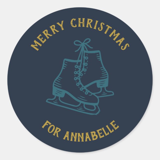 Personalized Name Merry Christmas Skates Runder Aufkleber (Vorderseite)
