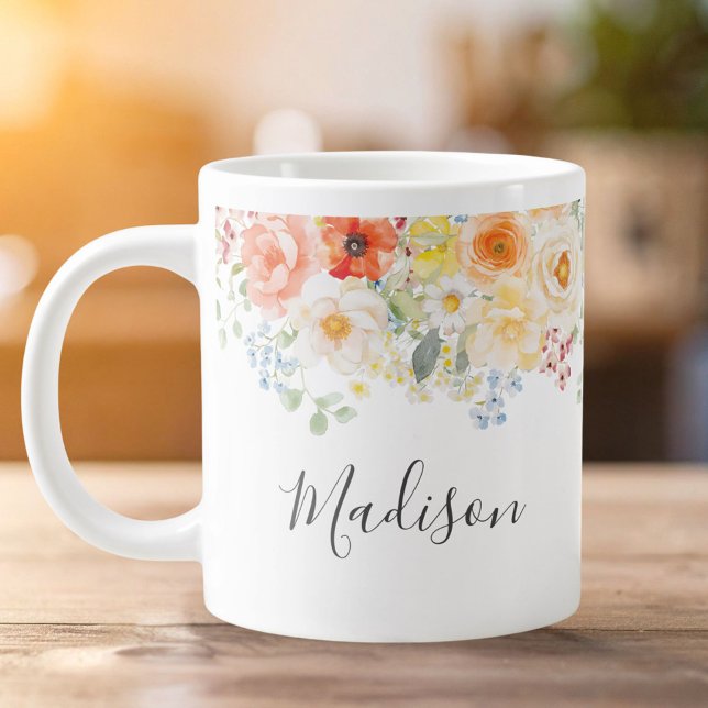 Personalized Name Monogram Watercolor Sunny Floral Jumbo-Tasse (Von Creator hochgeladen)