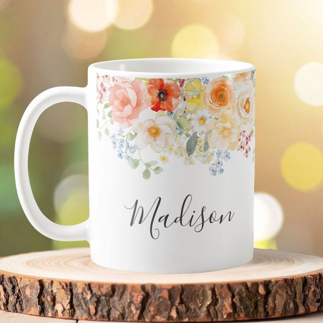 Personalized Name Monogram Watercolor Sunny Floral Kaffeetasse (Von Creator hochgeladen)