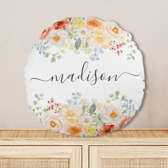 Personalized Name Monogram Watercolor Sunny Floral Rundes Kissen (Von Creator hochgeladen)