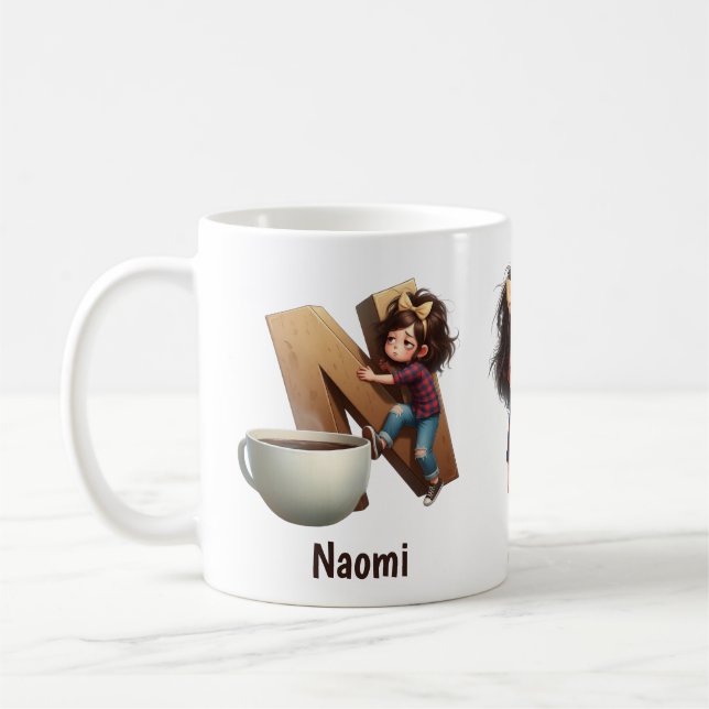 Personalized Name & N Sleepy Morning Plaid Charact Kaffeetasse (Links)