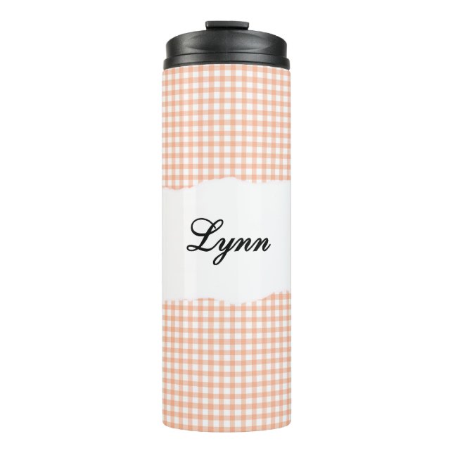 Personalized Name Orange Gingham Pattern Thermosbecher (Vorderseite)