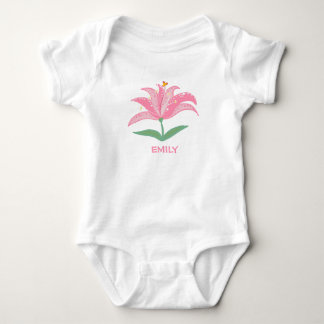 Personalized name pink lily flower baby bodysuit strampler