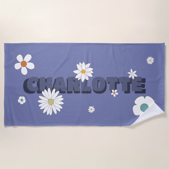 Personalized Name Purple Retro Style Flowers Strandtuch (Vorderseite)