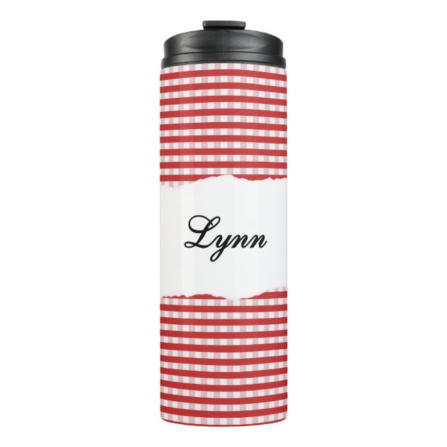 Personalized Name Red Gingham Pattern Thermosbecher (Vorderseite)