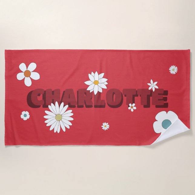 Personalized Name Red Retro Style Flowers Strandtuch (Vorderseite)