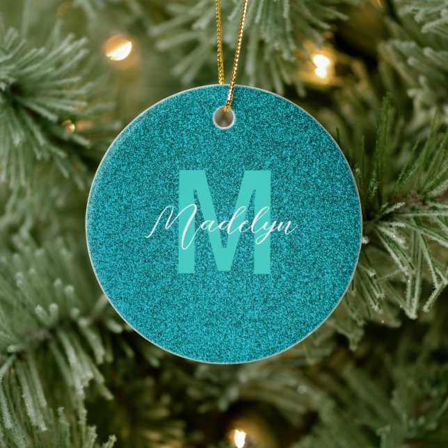 Personalized Name Stylish Glitter green Keramik Ornament (Baum)