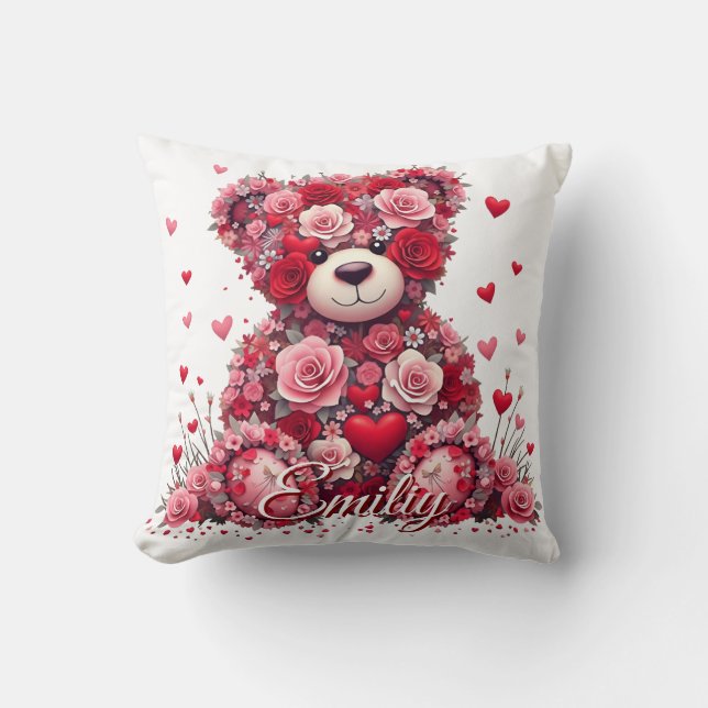 Personalized Name Valentine’s Day Floral Bear  Kissen (Vorderseite)