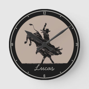 Personalized NAME Western Rodeo Bull Rider Cowboy Runde Wanduhr