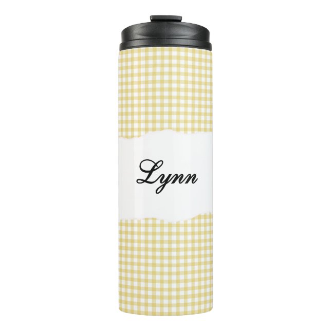 Personalized Name yellow Gingham Pattern Thermosbecher (Vorderseite)
