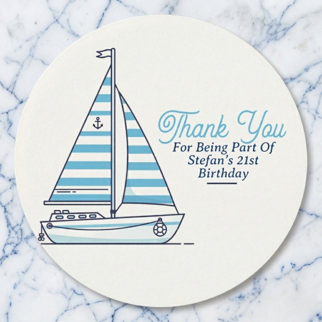 Personalized Nautical Sailboat Cabana Stripe  Runder Aufkleber (Personalized stickers for your celebration.)