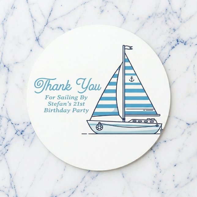Personalized Nautical Sailboat Cabana Stripe  Runder Aufkleber (Personalized stickers for your celebration.)