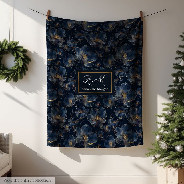 Personalized Navy Blanket Chic Gold Flowers Gift Fleecedecke (Personalized Navy Blanket Chic Gold Flower Gift)
