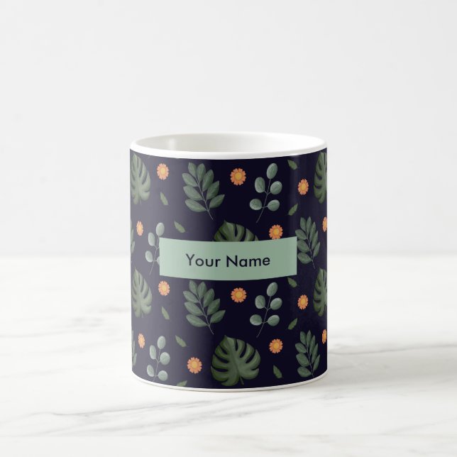 Personalized Navy Blue Botanical Floral Mug Kaffeetasse (Mittel)