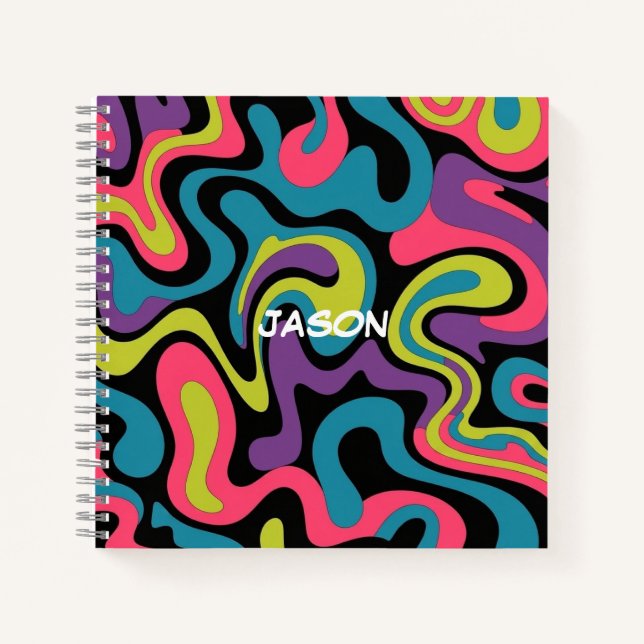 Personalized Neon Abstract Pattern — Retro Design Notizbuch (Vorderseite)