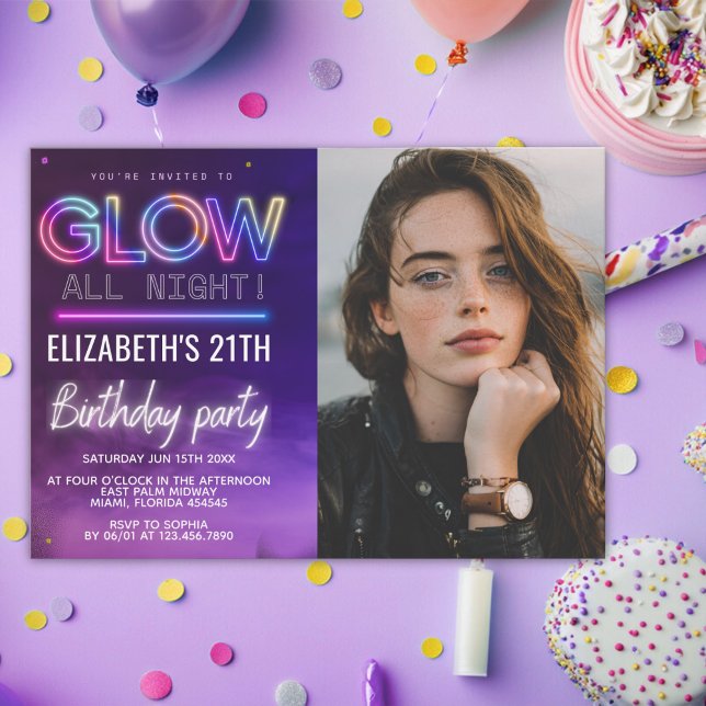 Personalized Neon Glow Birthday Invitation Photo Einladung (Von Creator hochgeladen)