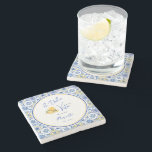 Personalized Newlywed Mediterranean Coastal Home  Steinuntersetzer<br><div class="desc">A stone coaster for newlywed's home featuring Mediterranean tile patterns, elegant script calligraphy, and a playful watercolor gelato ice cream design. Inspired by Italian coastal home decor and the sunny charm of the Amalfi Coast, this modern stylish bar accessory captures the spirit of la dolce vita with bright blue and...</div>