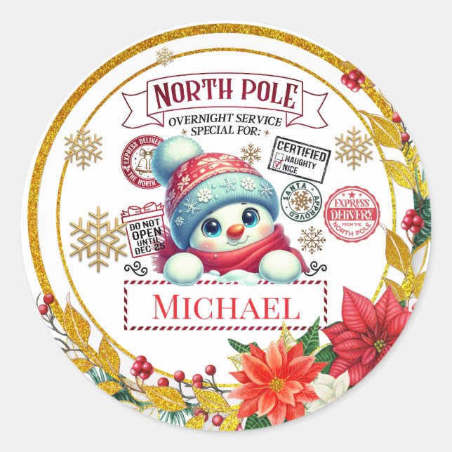 Personalized North Pole Snowman Christmas Gift Runder Aufkleber (Vorderseite)