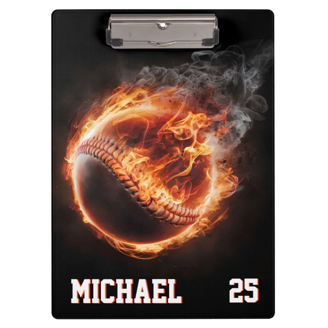 Personalized Number and Name Baseball Ball on Fire Klemmbrett (Vorderseite)